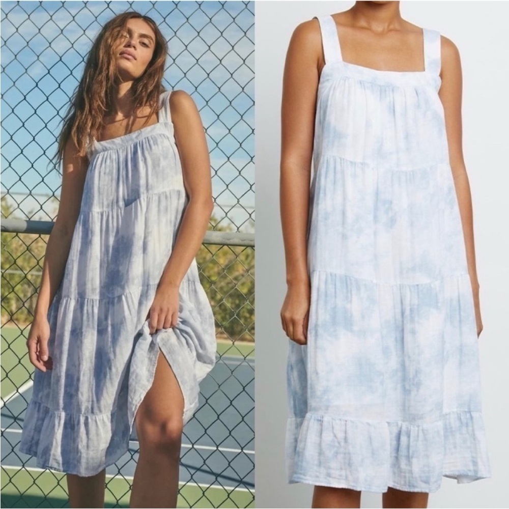 RAILS Amaya Tiered Cotton Gauze Sun Dress Light Blue White Cloud Tie Dye Size M